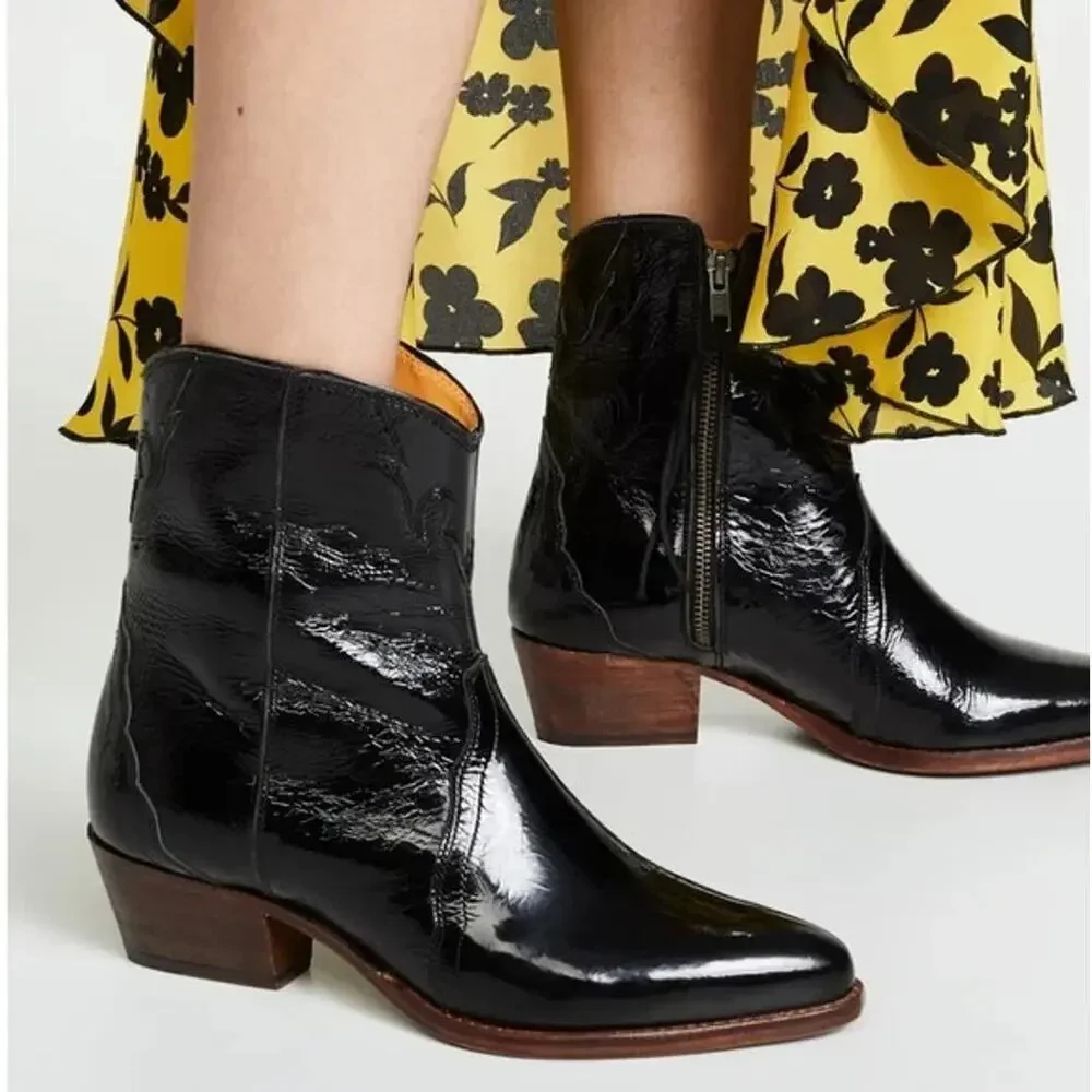Free People New Frontier Western Boot Ankle Black Patent Leather Side Zip 40 9.5
