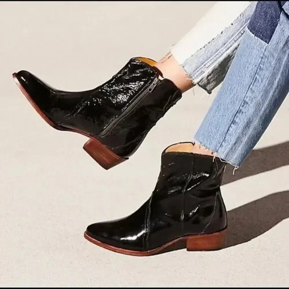 Free People New Frontier Western Boot Ankle Black Patent Leather Side Zip 40 9.5