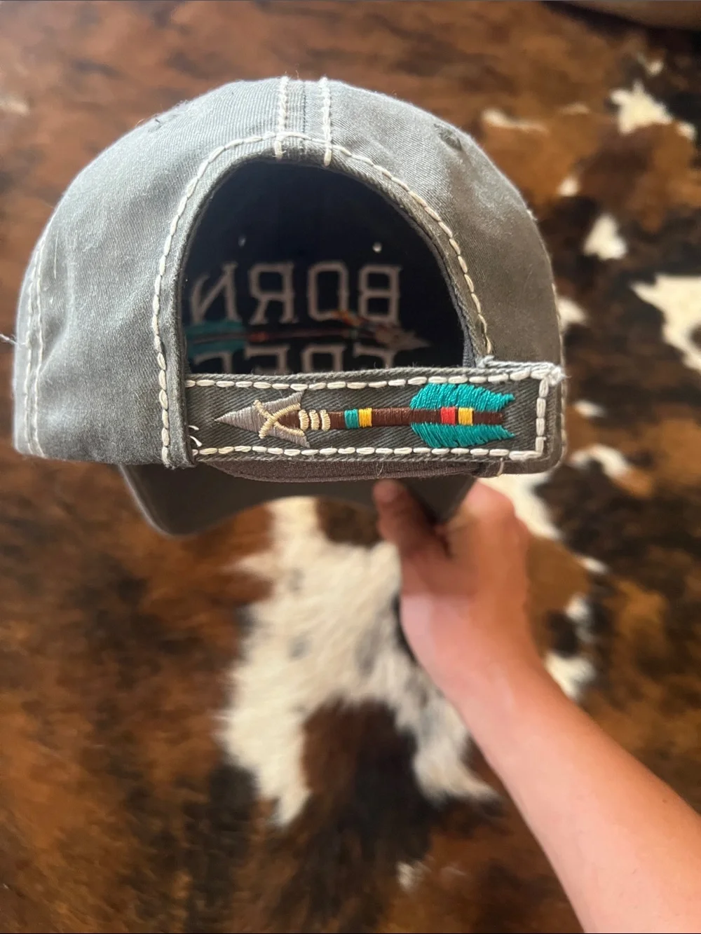 Born Free Embroidered Arrow Baseball Cap - Gray with Teal Accent