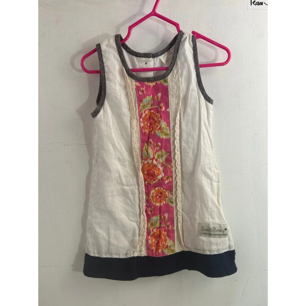 SweetHoney Floral Lace Linen Dress 2T White Pink Blue Sleeveless Toddler Girls