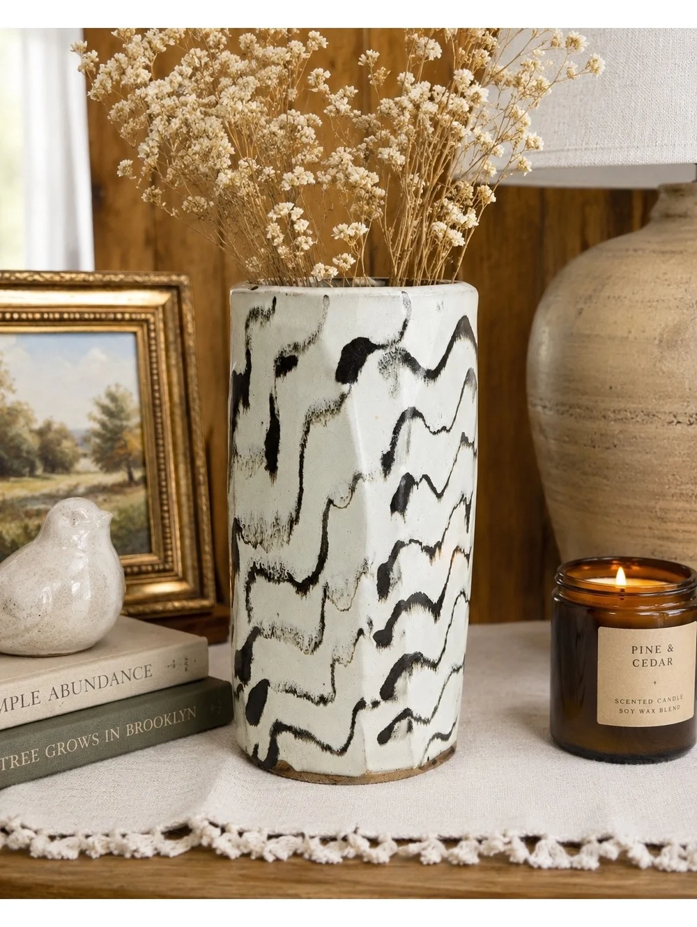 Vintage Studio Pottery Vase Black White Abstract Ceramic 10 Inch
