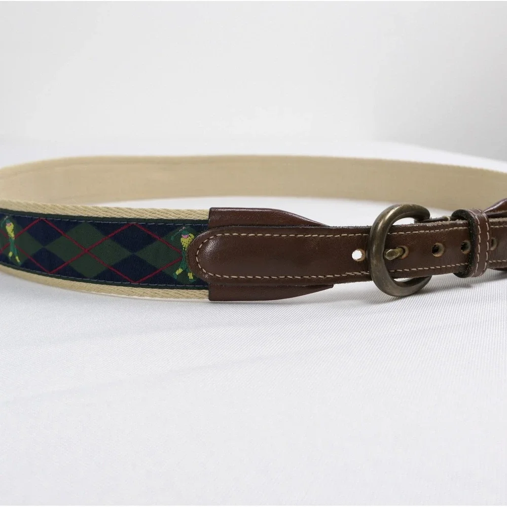 Brooks Brothers Mens 34 Golf Argyle Embroidered Canvas Leather Needlepoint Belt