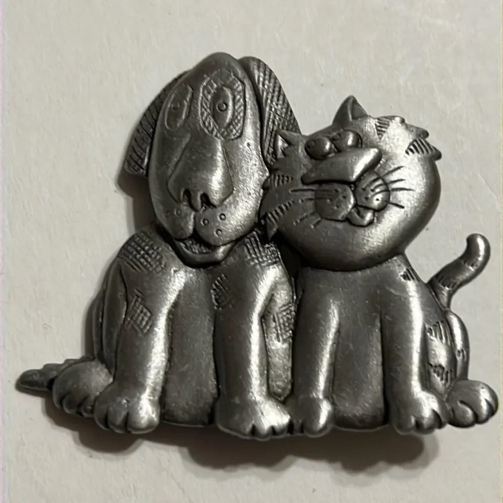 Vintage J.J. Pewter Dog and Cat Brooch