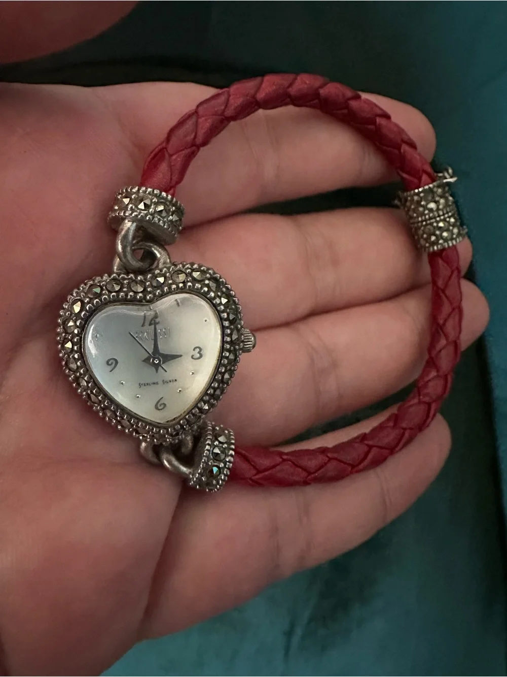 Ecclissi Heart-Shaped Red Braided Leather Bracelet Watch - Sterling Silver