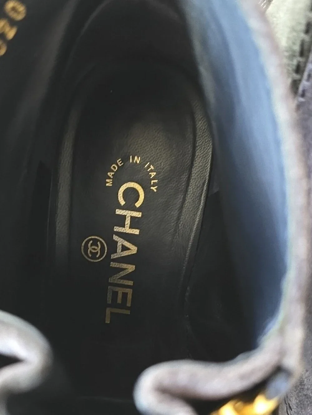 CHANEL Navy Suede Ankle Booties with Gold Zippers