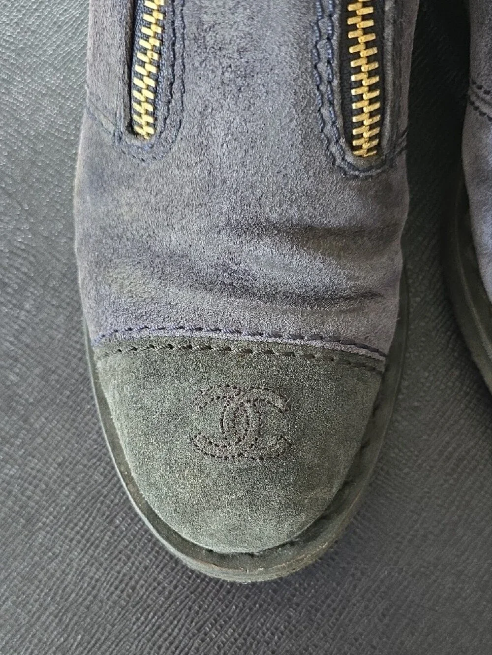 CHANEL Navy Suede Ankle Booties with Gold Zippers
