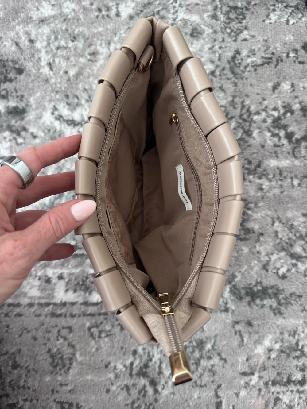 Anthropologie Lindy Woven Leather Zip Clutch in Taupe