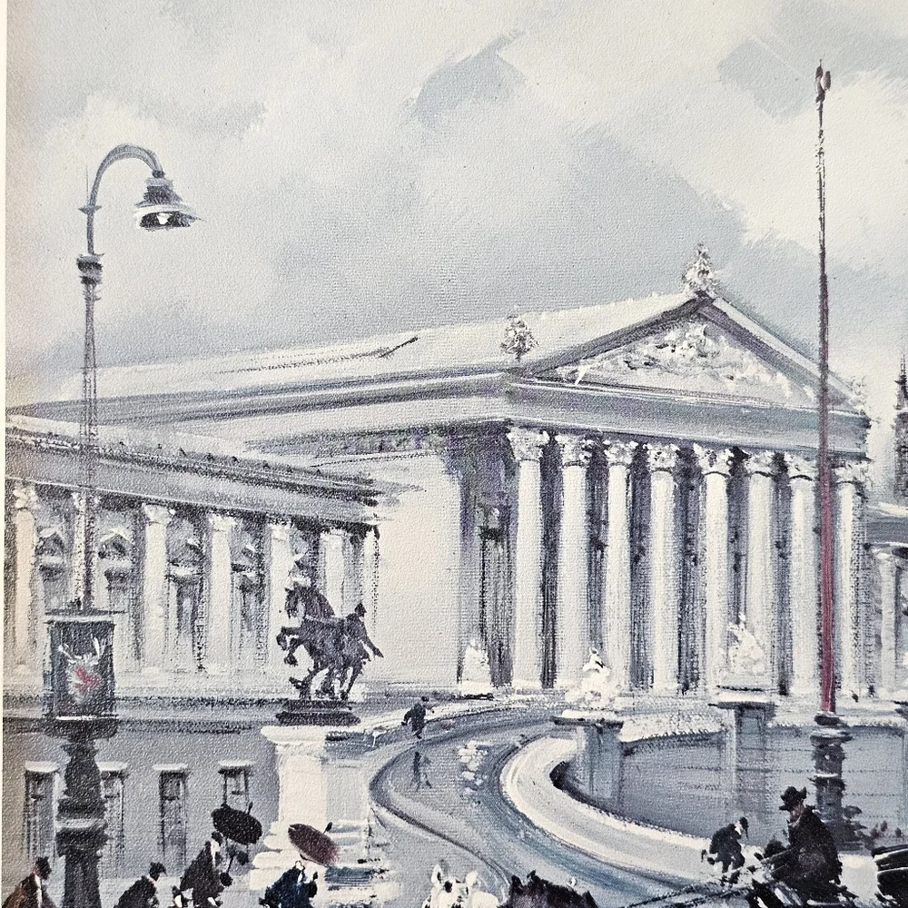 Vintage Maurice Legendre Vienna Street Scene Print Tram Horse Carriage Art
