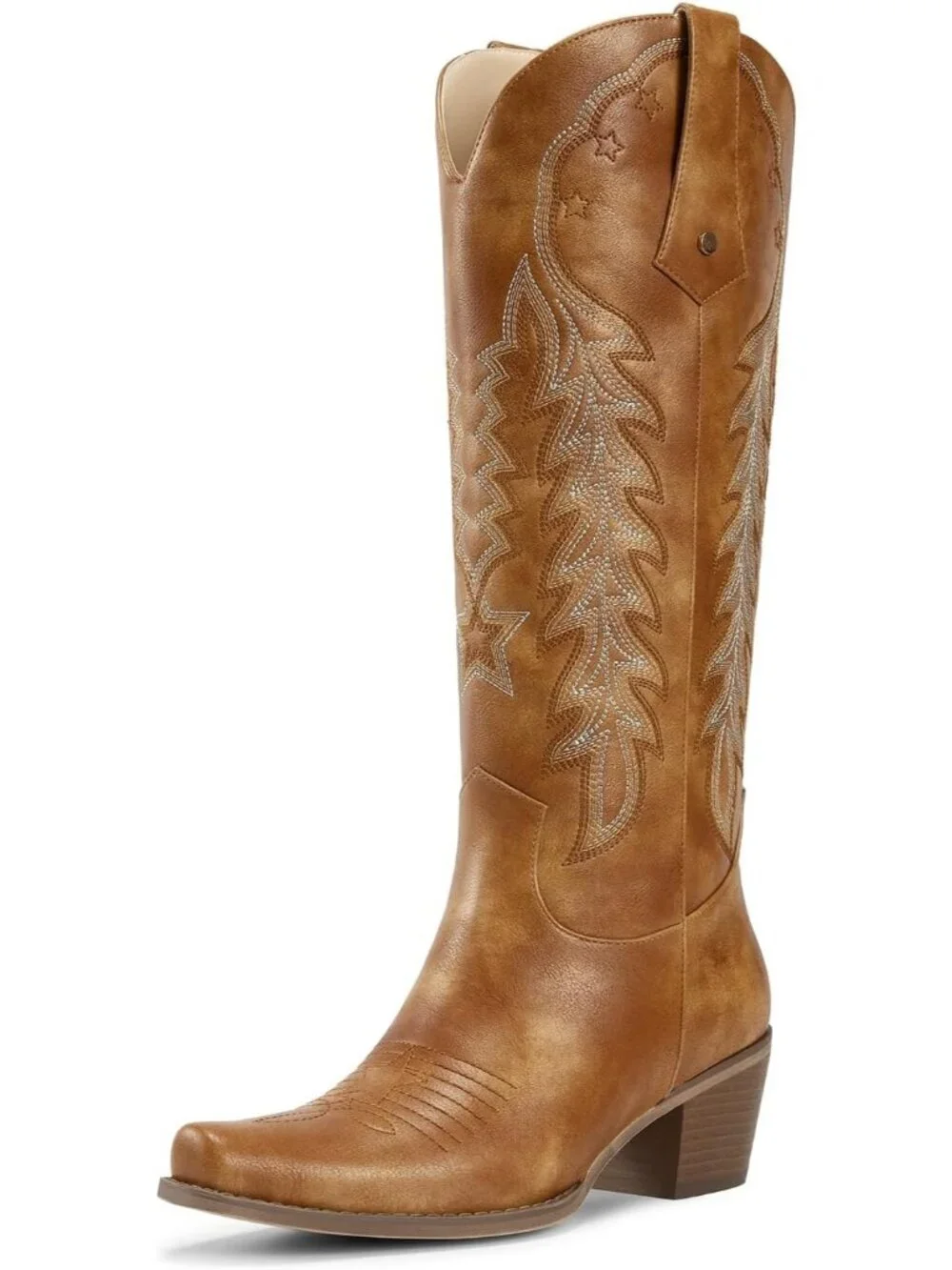 Women's Brown Cowboy Knee High Cowgirl Boots Pointed Toe Chunky Heels