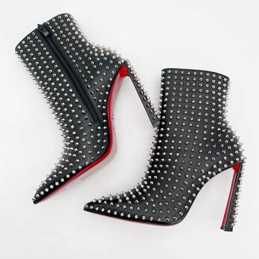 Christian Louboutin Black Condora Booty Spiked Leather Heeled Ankle Boots EU 40
