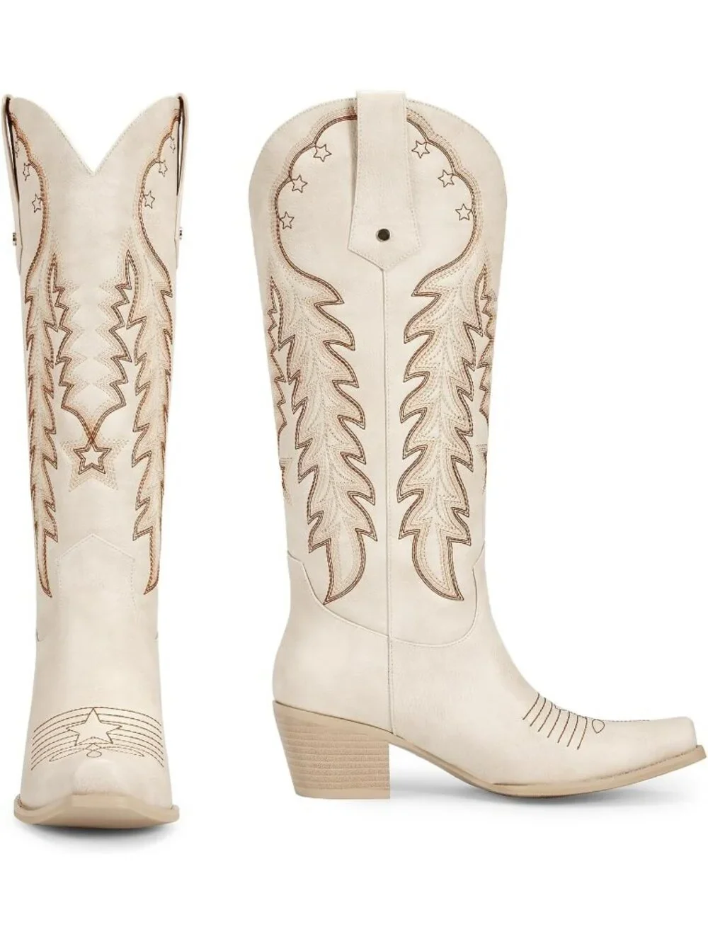 Women's Beige Cowboy Knee High Cowgirl Boots Pointed Toe Chunky Heels