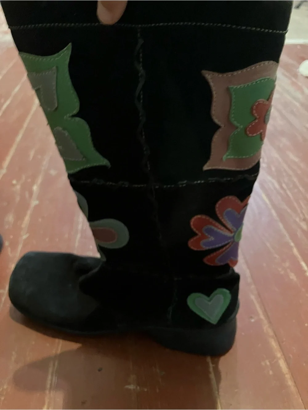 Indigo Black Suede Boots with Green and Brown Flower Appliqués