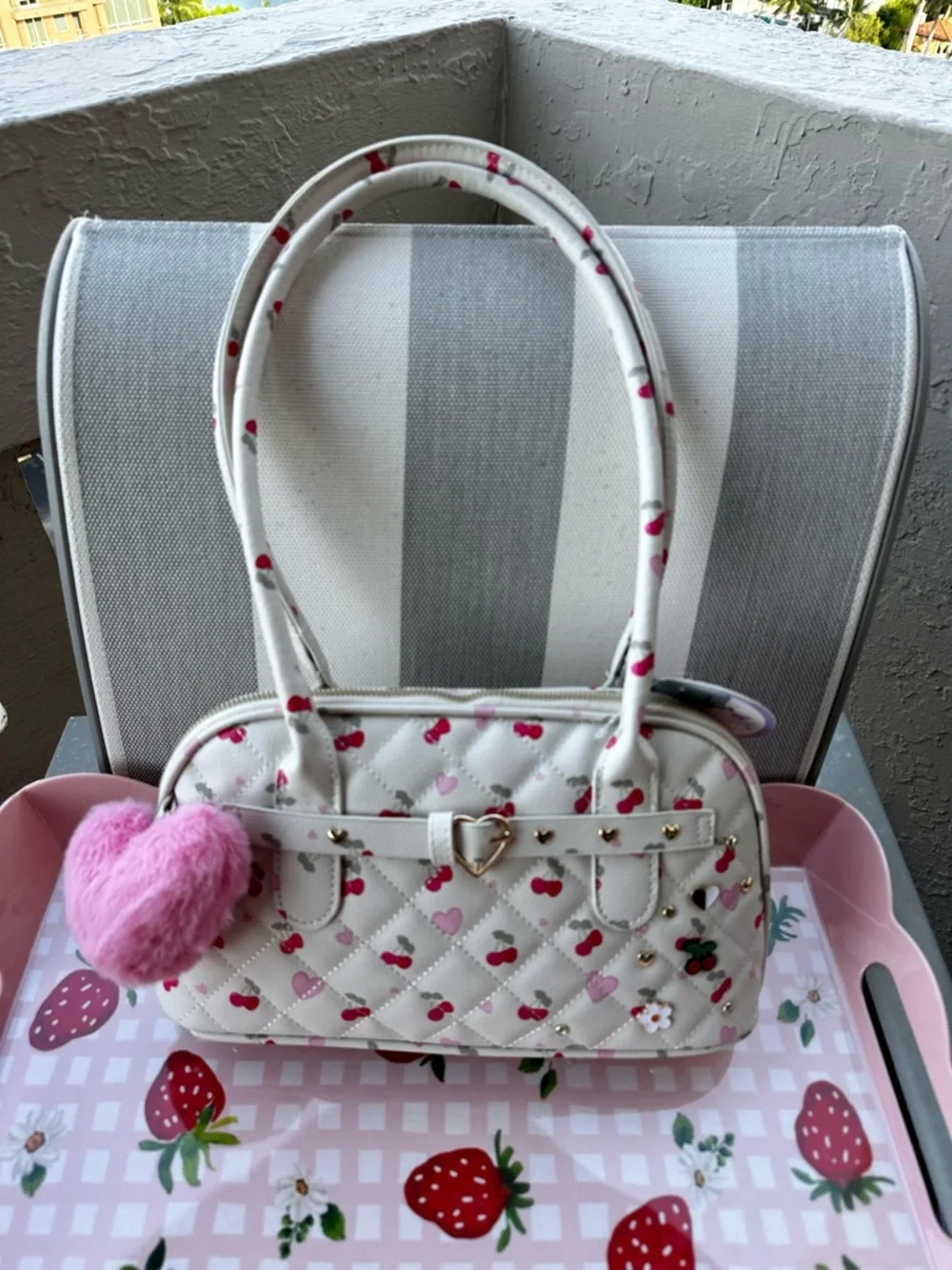 Under One Sky NWT Cherry Heart Quilted Satchel Bag Pink Charm