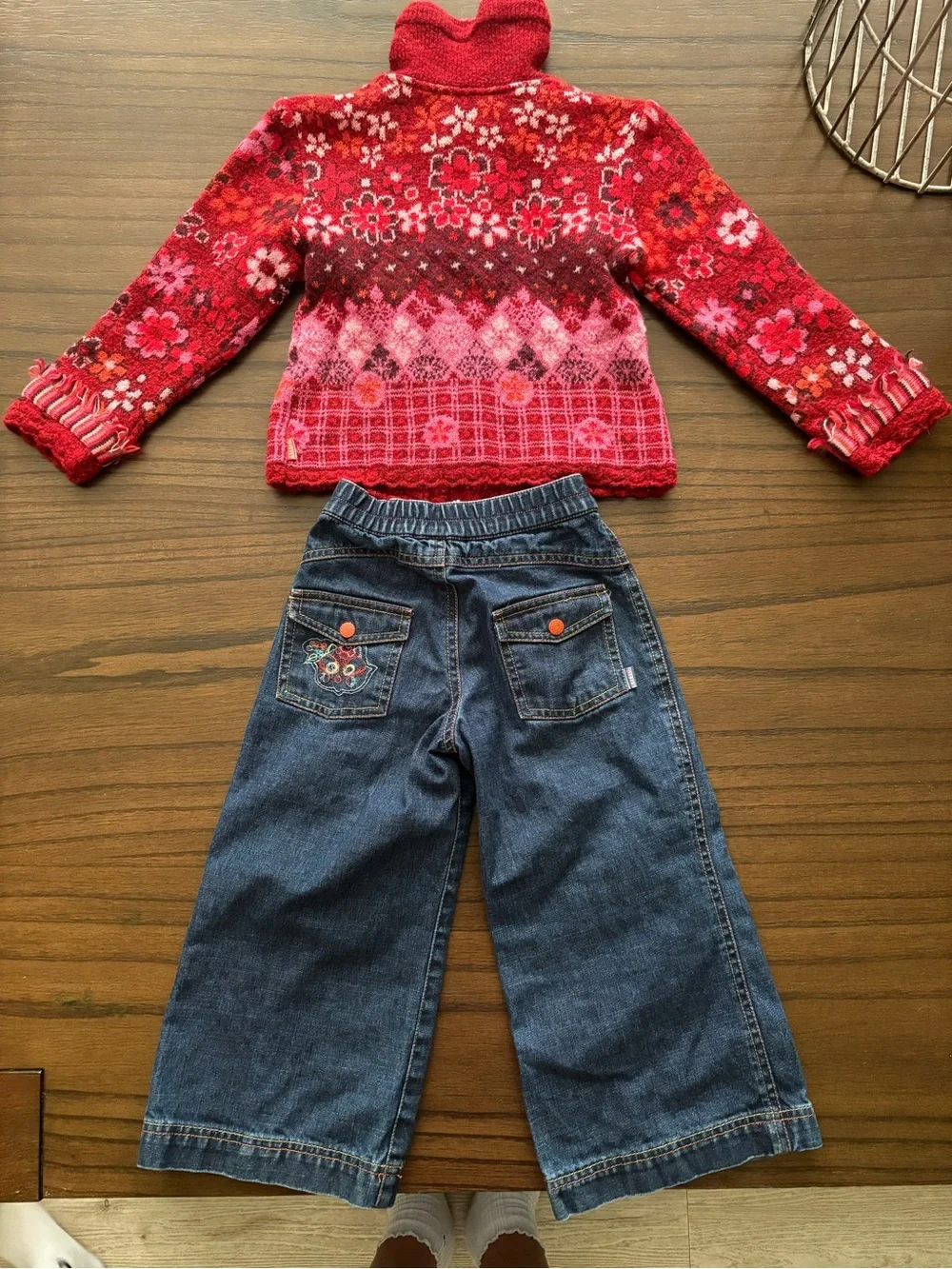 Oilily Red Floral Knit Zip Sweater with Denim Embroidered Pants