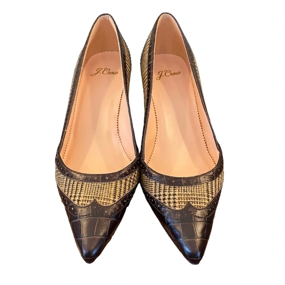J. CREW Heels Leather Pointed Toe Crocodile Brown Plaid Women Size 8 NWOT