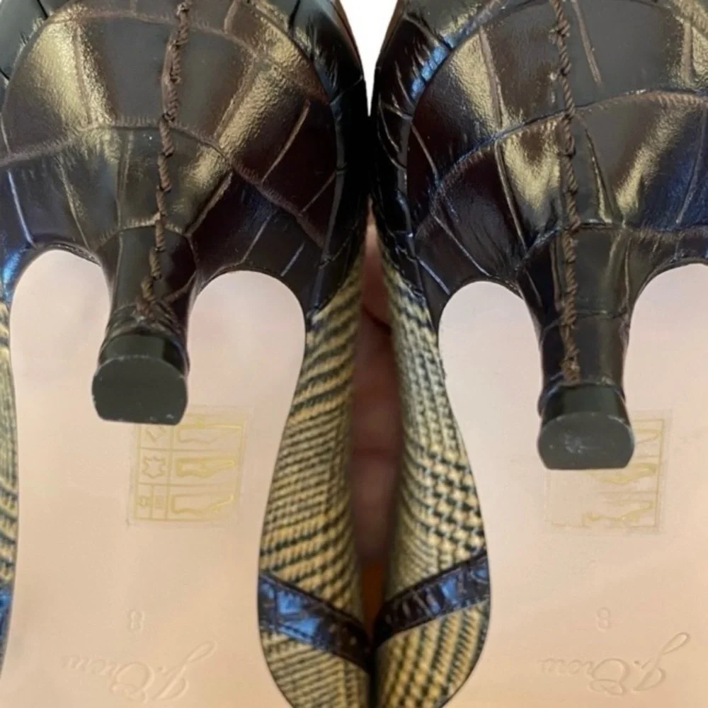 J. CREW Heels Leather Pointed Toe Crocodile Brown Plaid Women Size 8 NWOT