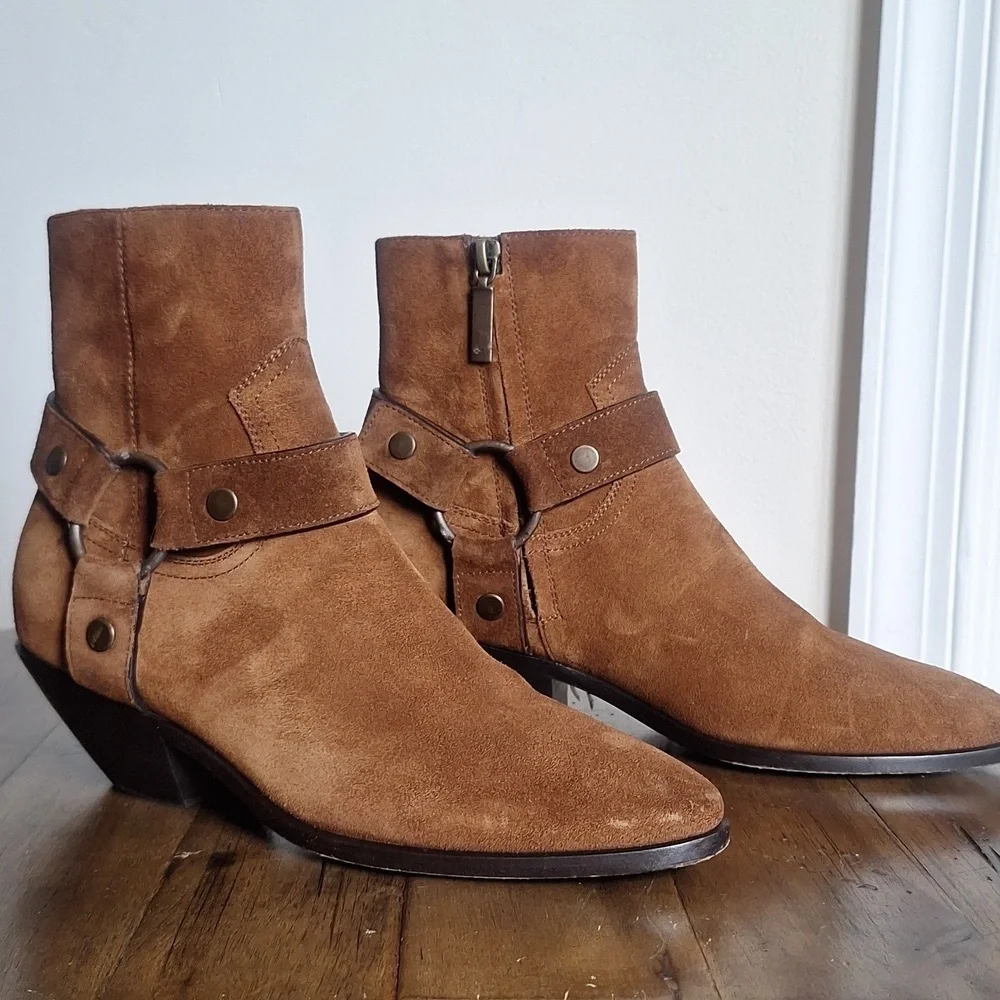 SAINT LAURENT YSL Suede Wyatt Harness Ankle Boots Cognac Size 36 Box Dust Bags