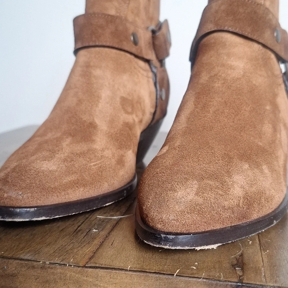 SAINT LAURENT YSL Suede Wyatt Harness Ankle Boots Cognac Size 36 Box Dust Bags