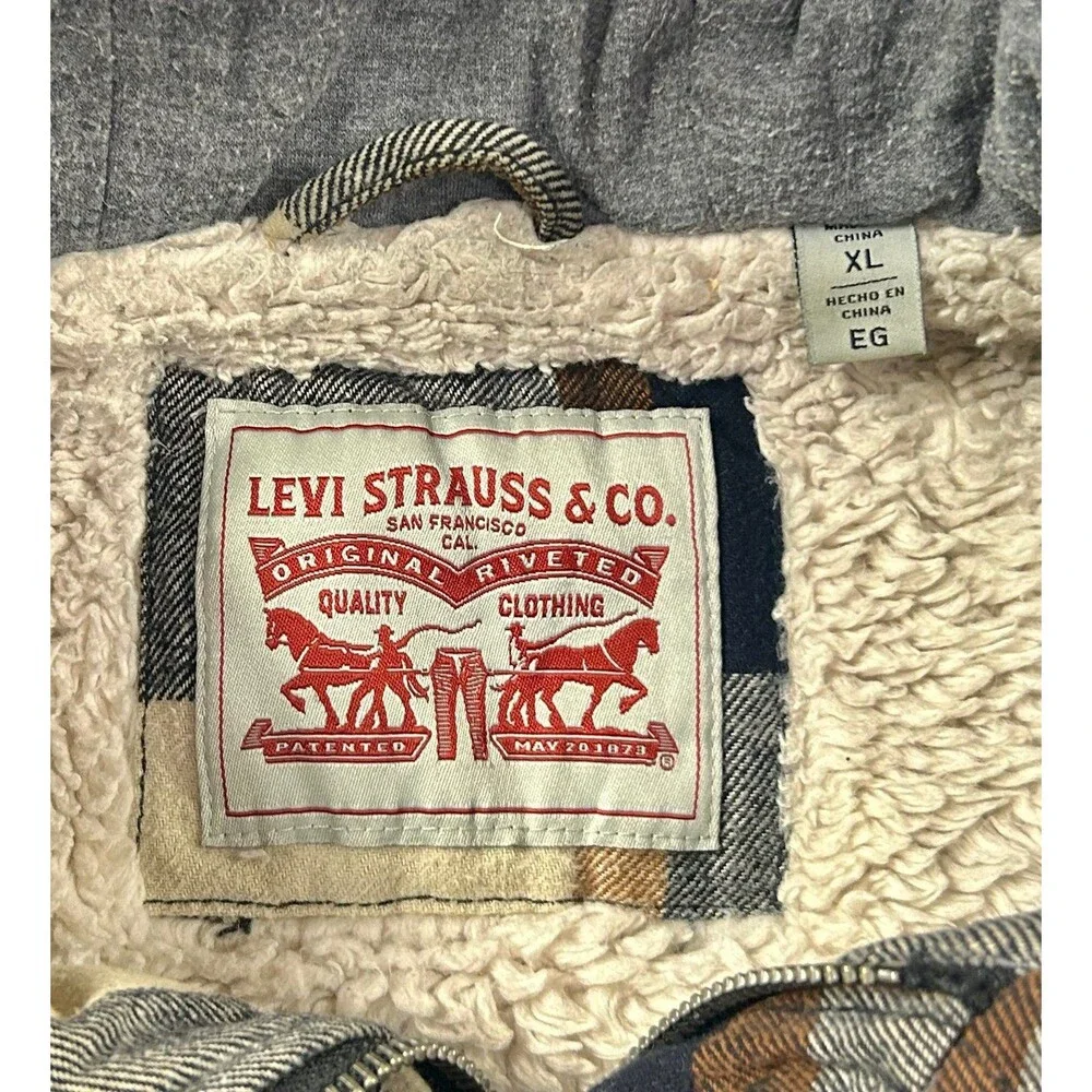 Levis Flannel Jacket Mens XL Mix Brown Plaid Sherpa Lined Hooded Full Zip THICK
