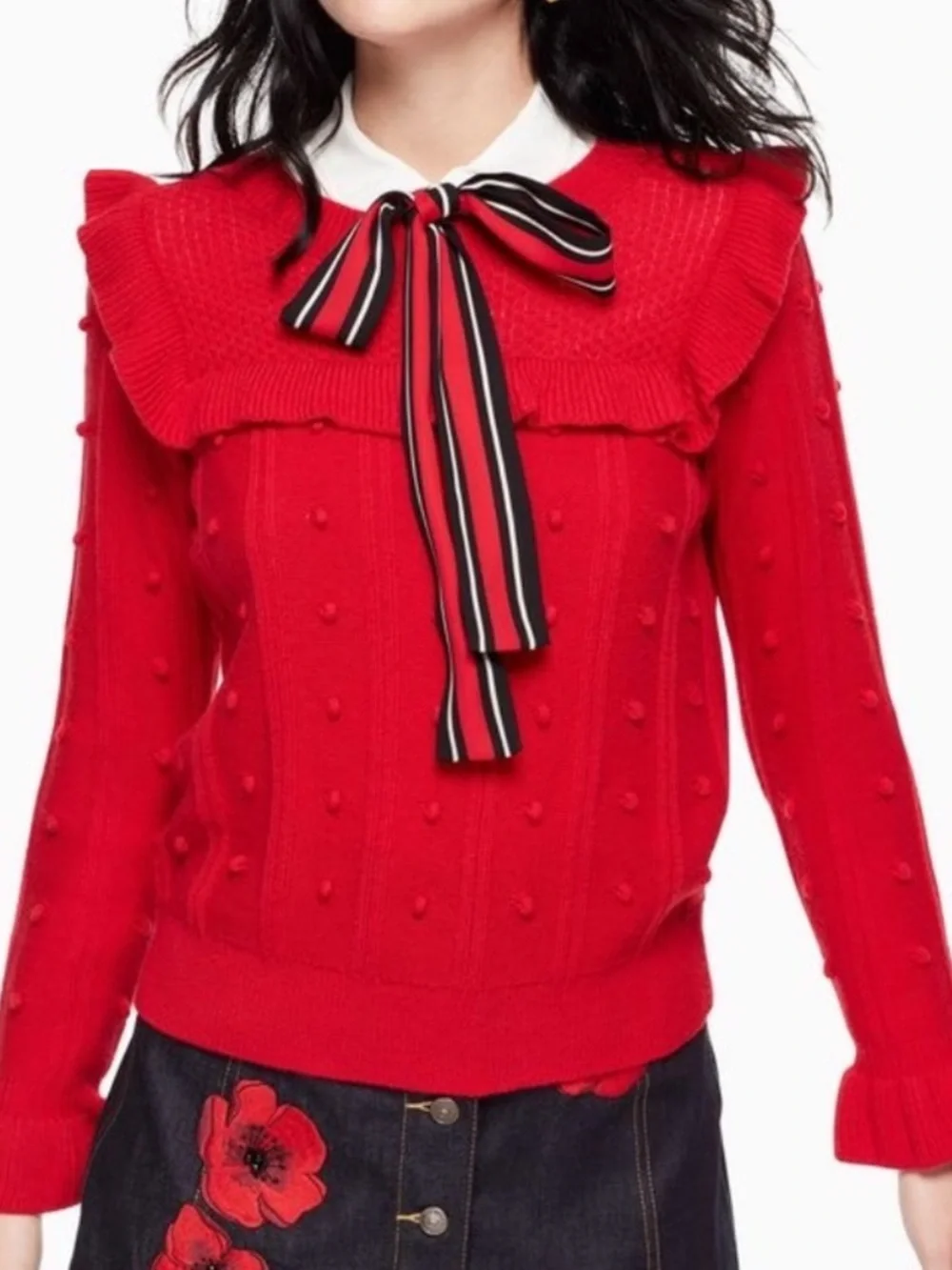 KATE SPADE NY Wool Blend Red Ruffle Popcorn-Knit Crew Sweater
