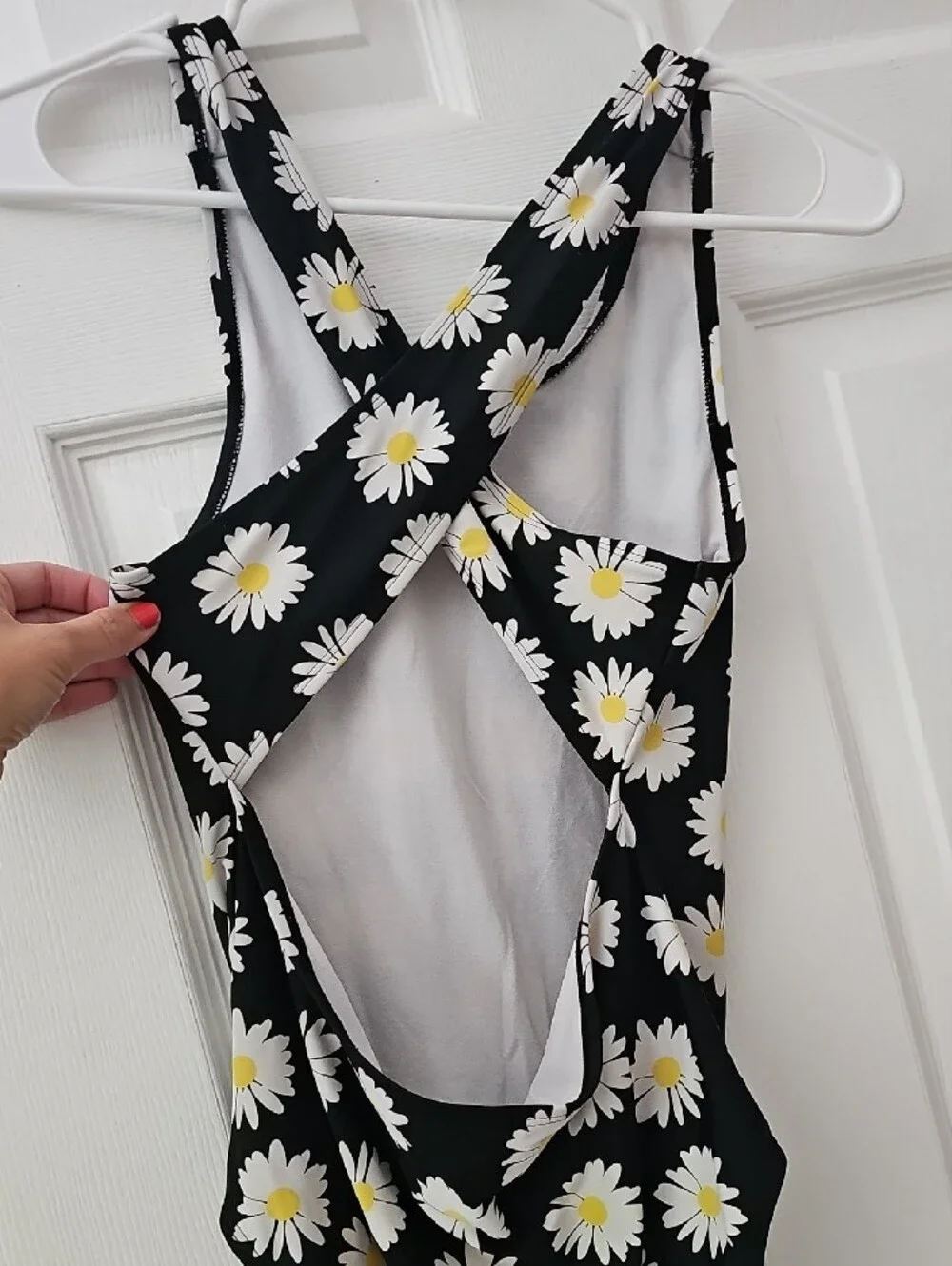 Place Black One-Piece Swimsuit with White & Yellow Daisy Print