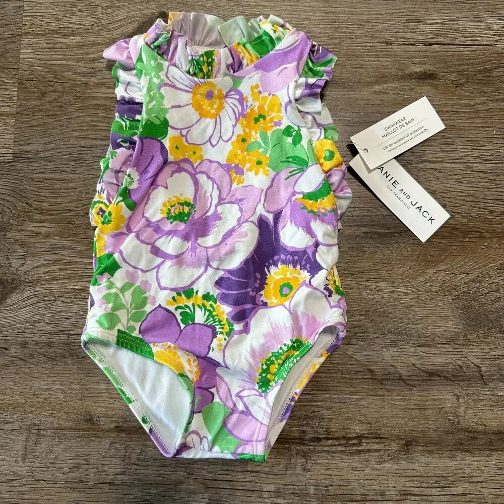 Janie and Jack Girls 6-12 Months Floral Swimsuit One Piece Ruffle Swim Purple