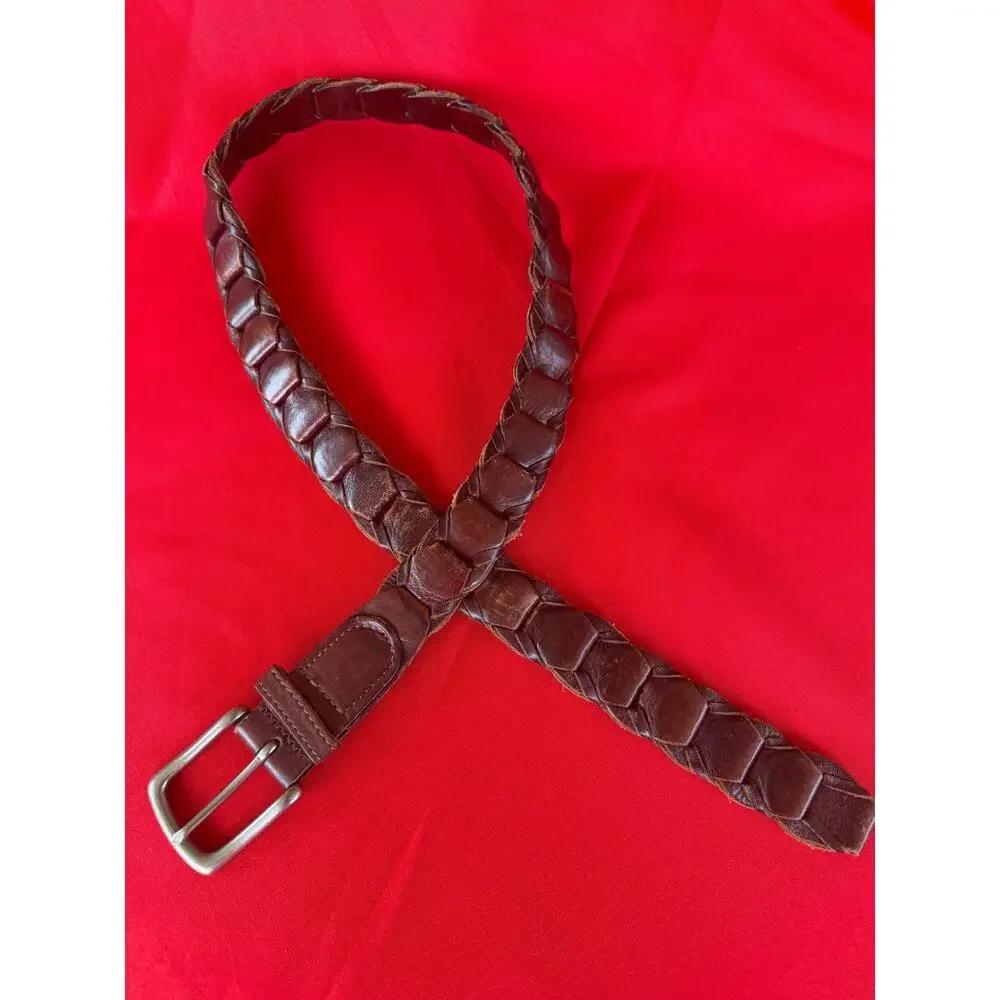 Classic Woven Braided Genuine Leather Brown Belt Solid Brass Buckle Size 30