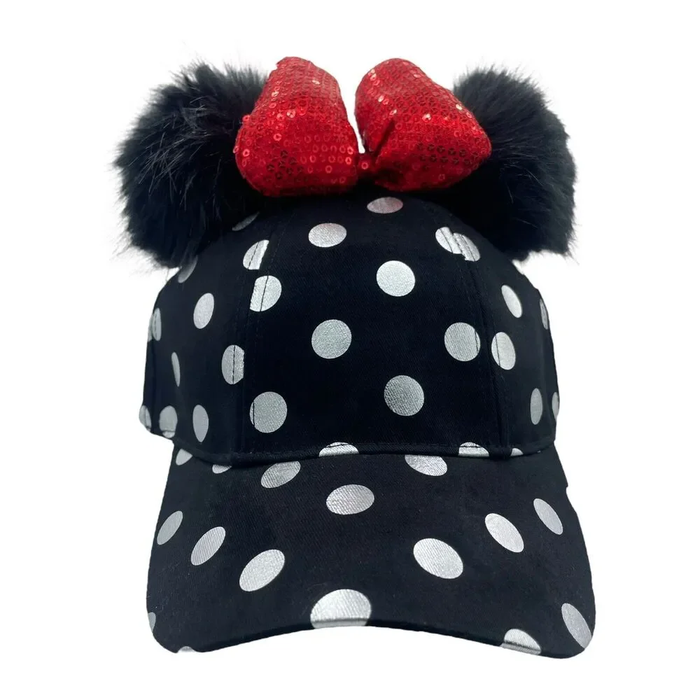 Disney Parks Minnie Pom Pom Silver Polka Dot Sequin Bow Black Baseball Hat