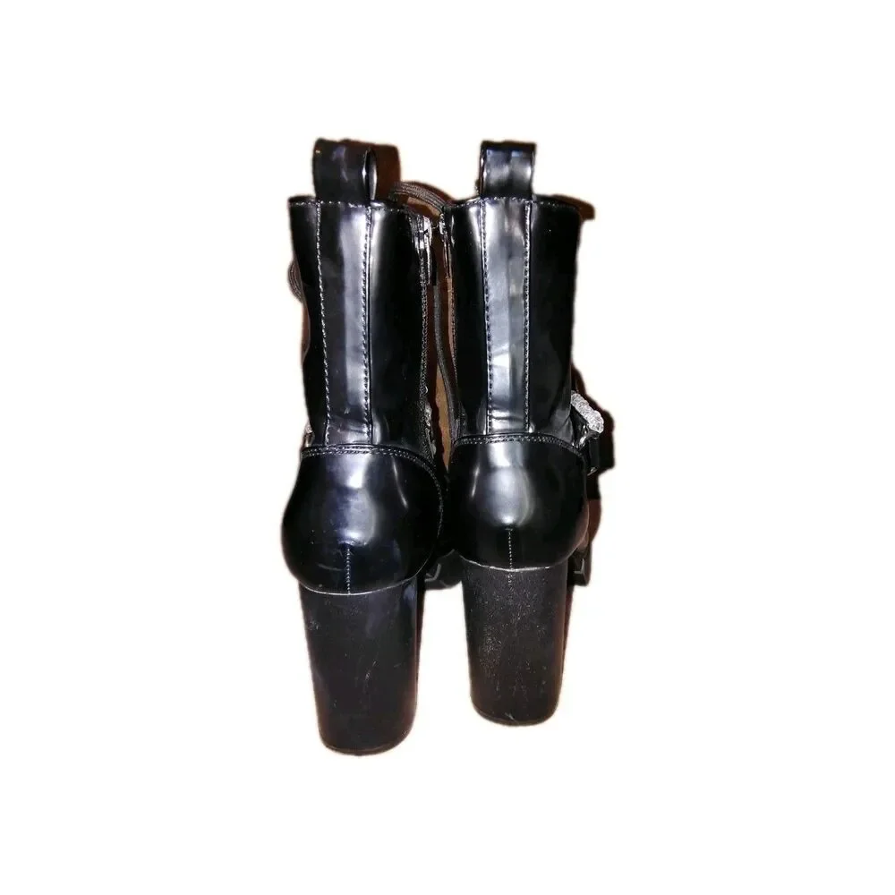 ​Forever 21 Black Patent Combat Boots Pearl Chain Block Heel Sz 8.5M Steampunk