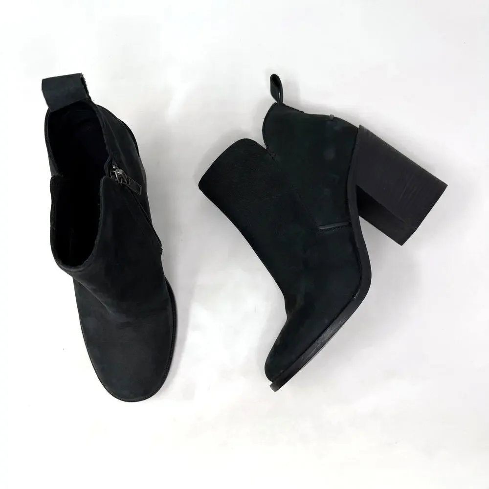 [UGG] Black Pixley Suede Leather Chunky Block Heel Round Toe Ankle Boots Sz 9.5