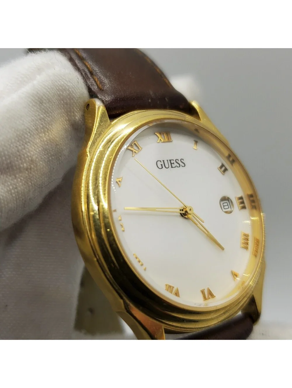 1992 Guess Watch For Parts Or Repair Gold Tone White Date Dial