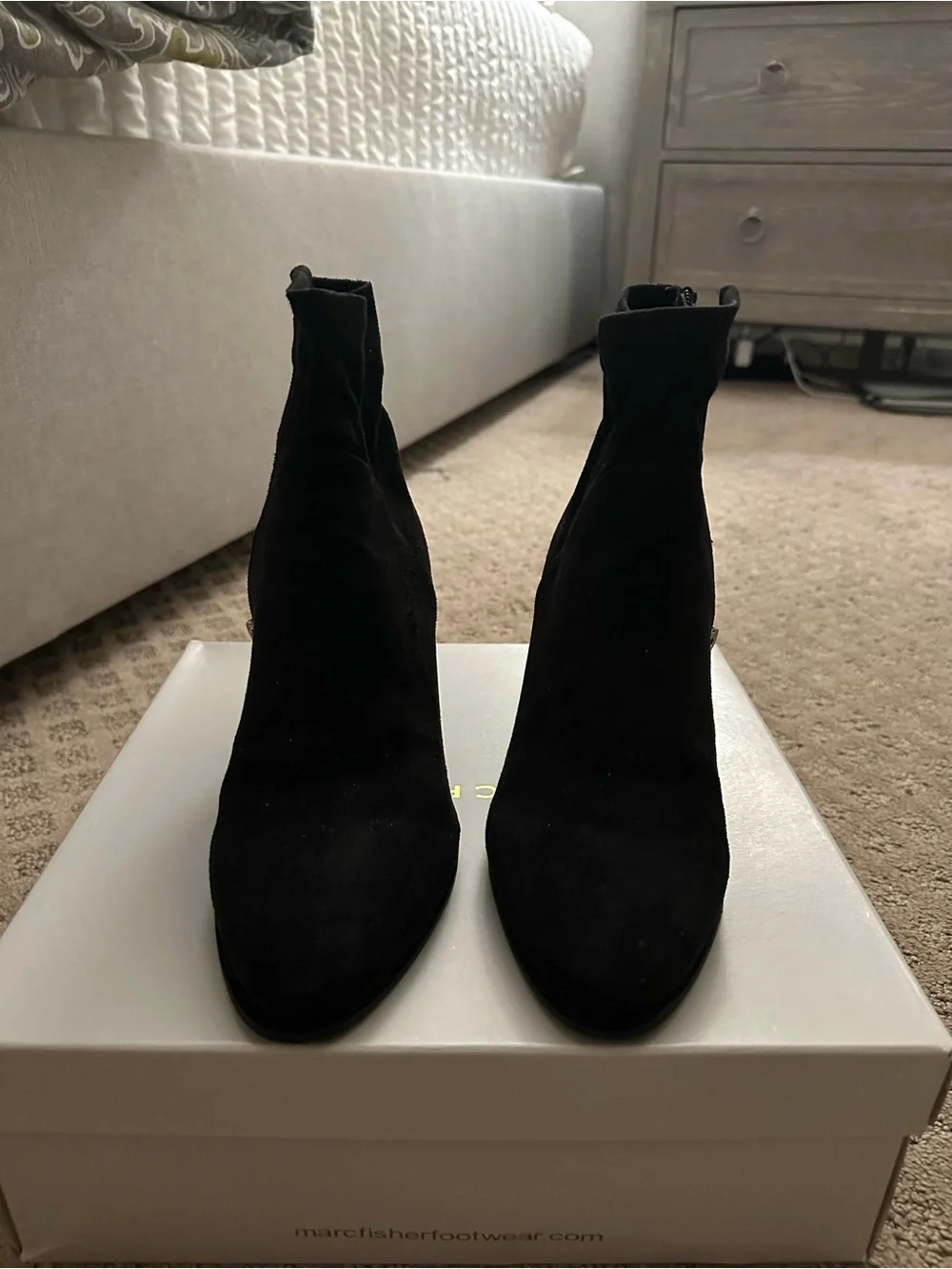 Marc Fisher Black Suede Block Heel Ankle Booties with Side Zip