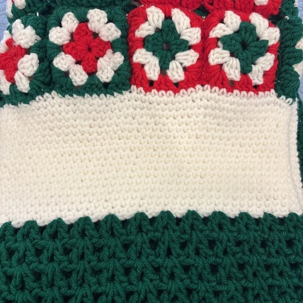 Granny Square Afghan Crochet Throw Christmas Red Green Handmade 28.5
