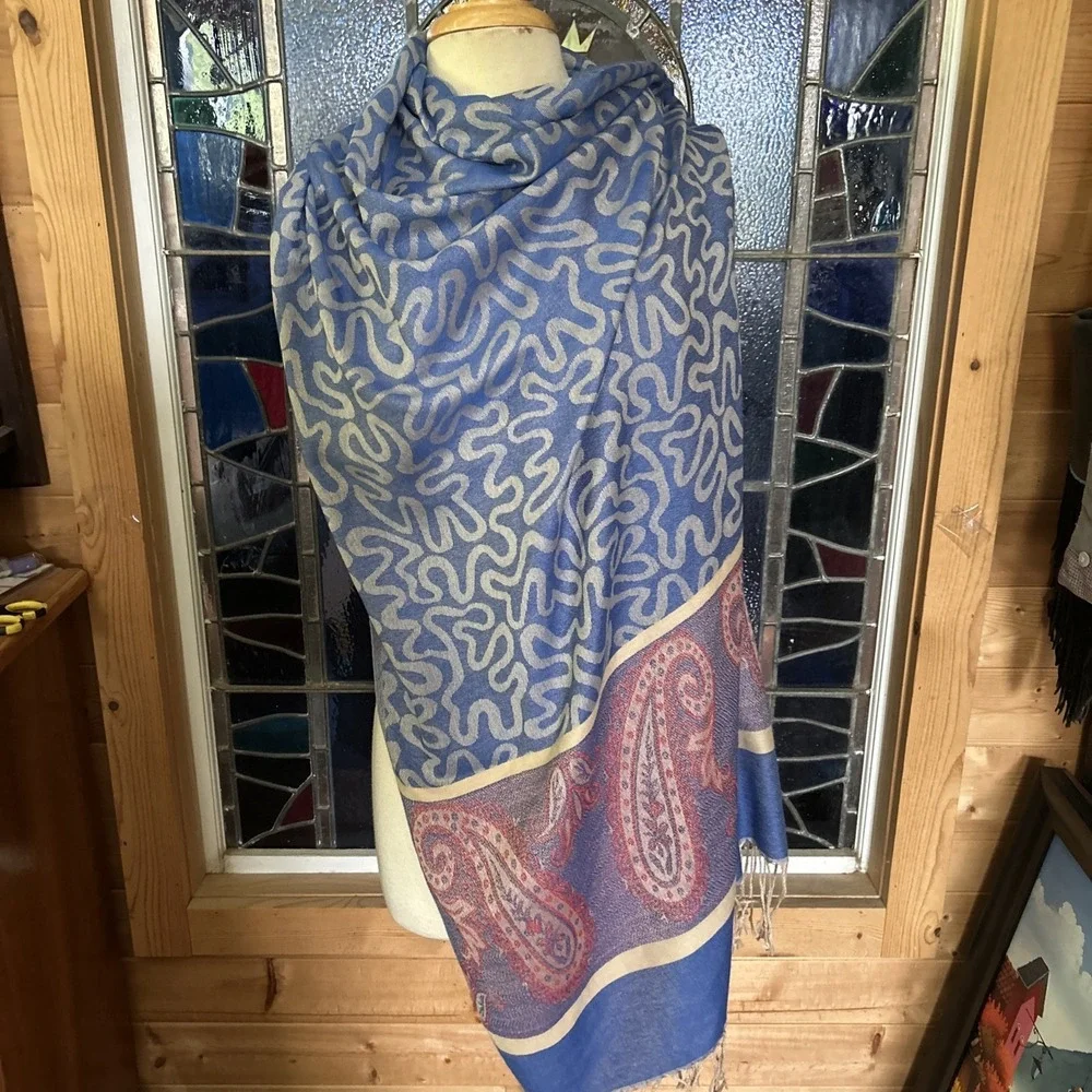 Pashmina Scarf Wrap Shawl 100% Cashmere Blue Paisley 27