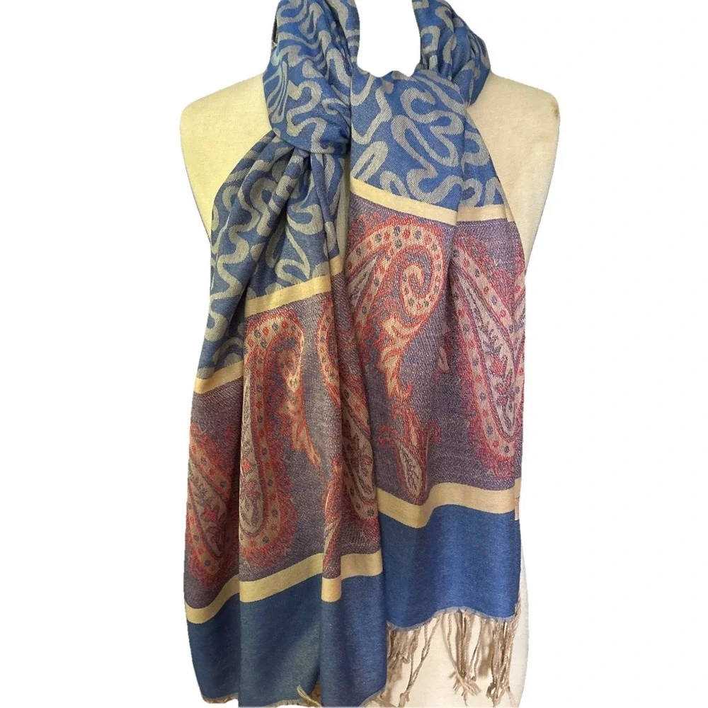 Pashmina Scarf Wrap Shawl 100% Cashmere Blue Paisley 27