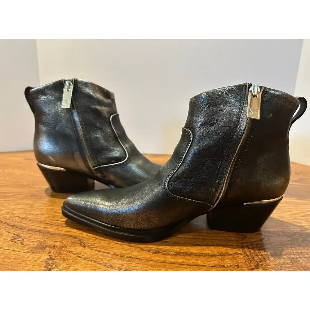Franco Sarto Leather Pointed Toe Ankle Boots Metallic Sz 6.5 NWOB Western Modern