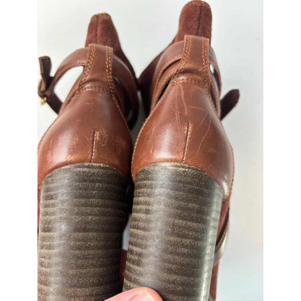 UGG Brown Suede Harness Ankle Boots Block Heel Size 8 Consign