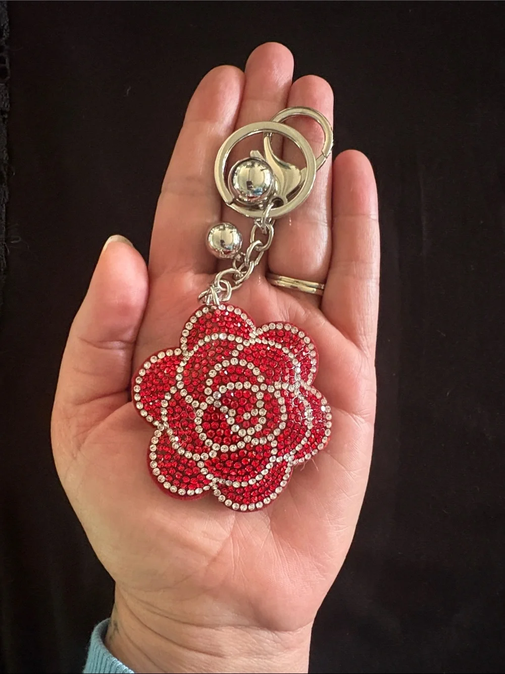 Red Rhinestone Puffy Flower Keychain Bag Charm with Silver Hardware