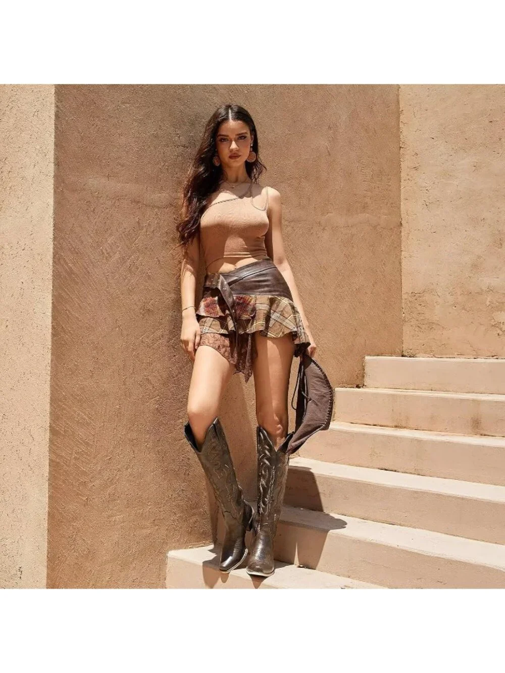 Women's Dark Brown Chunky Heel Slip on Pointed Knee High Cowgirl Tall Boots