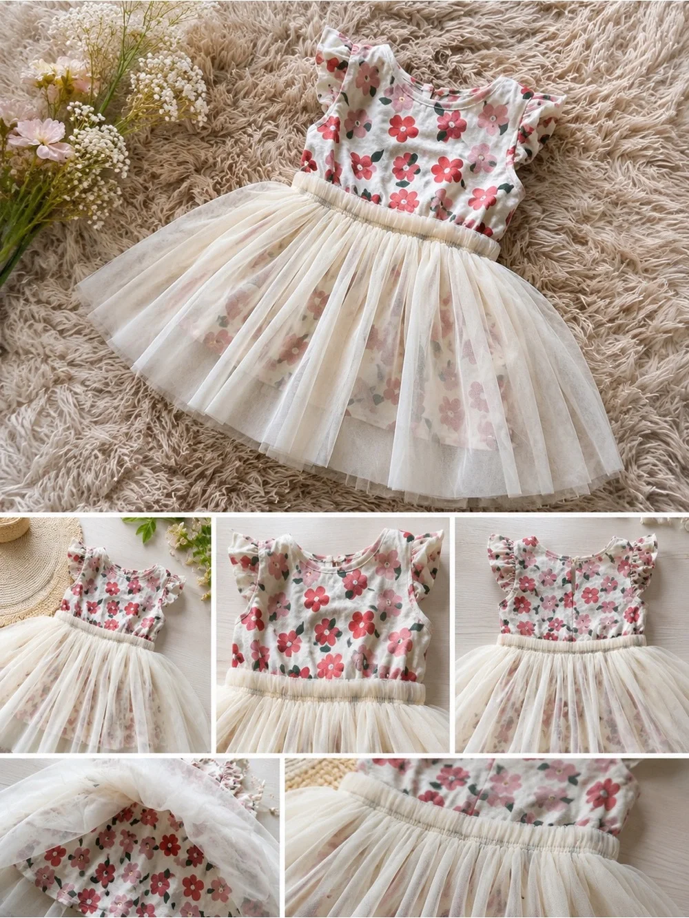 Tulle Skirt Floral Baby Dress - Pink & Cream. 18 month.