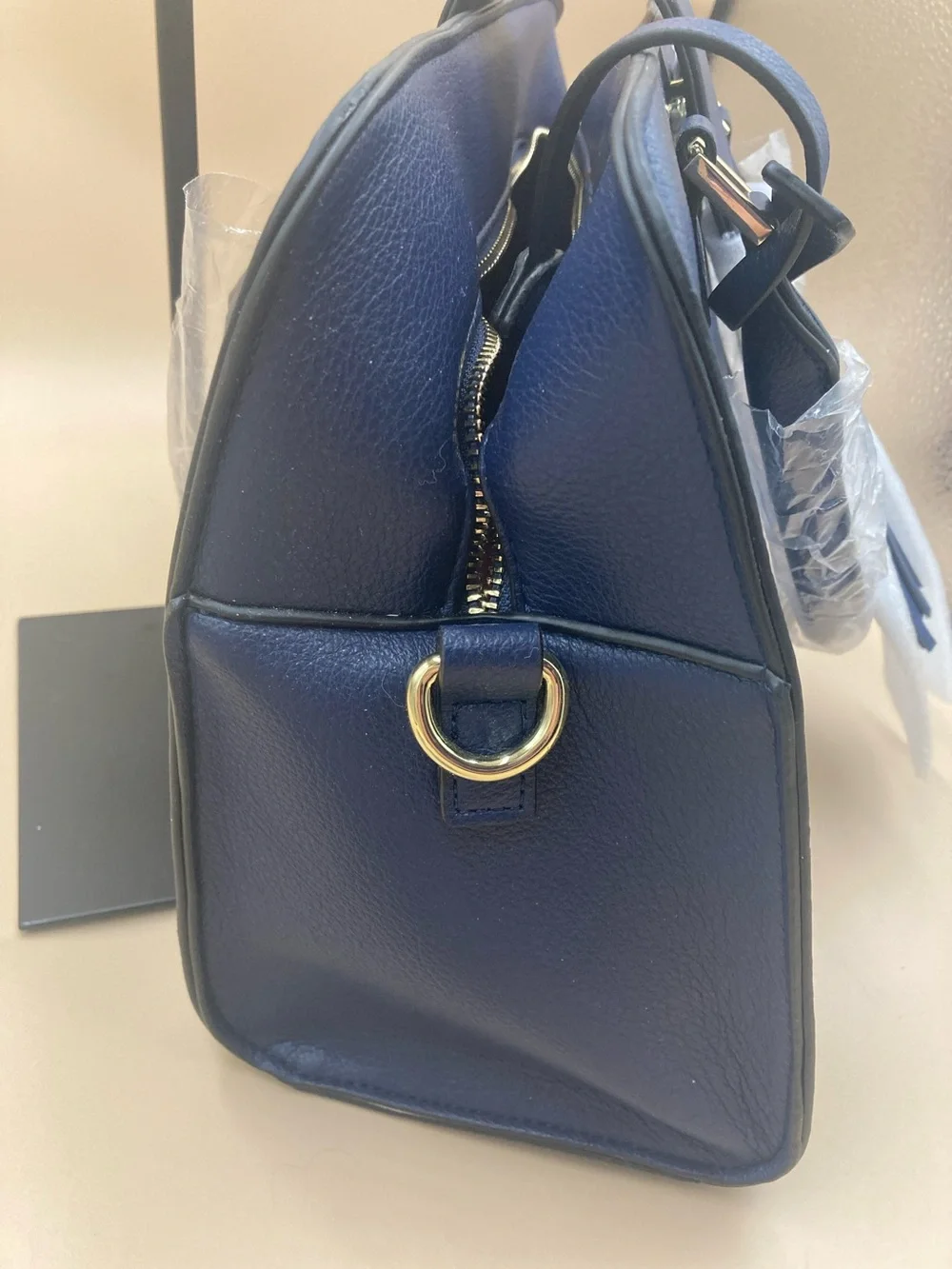 Structured Vegan Navy Satchel with Tassel Accent