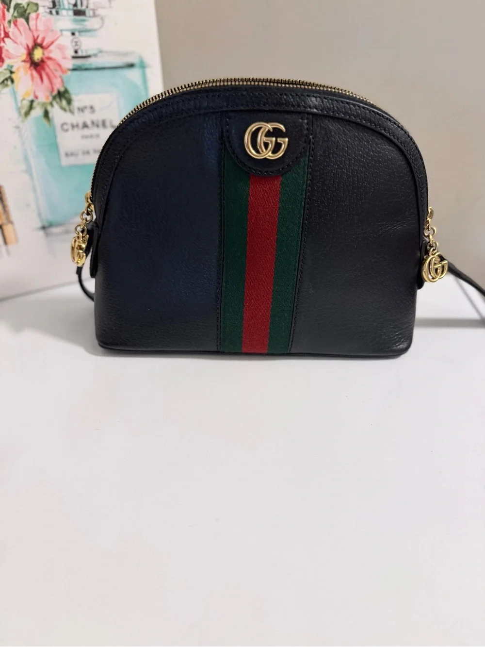Gucci Black Leather Crossbody with Green and Red Web Stripe