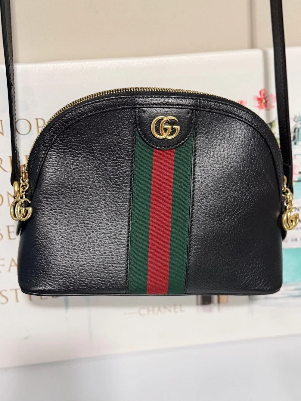 Gucci Black Leather Crossbody with Green and Red Web Stripe