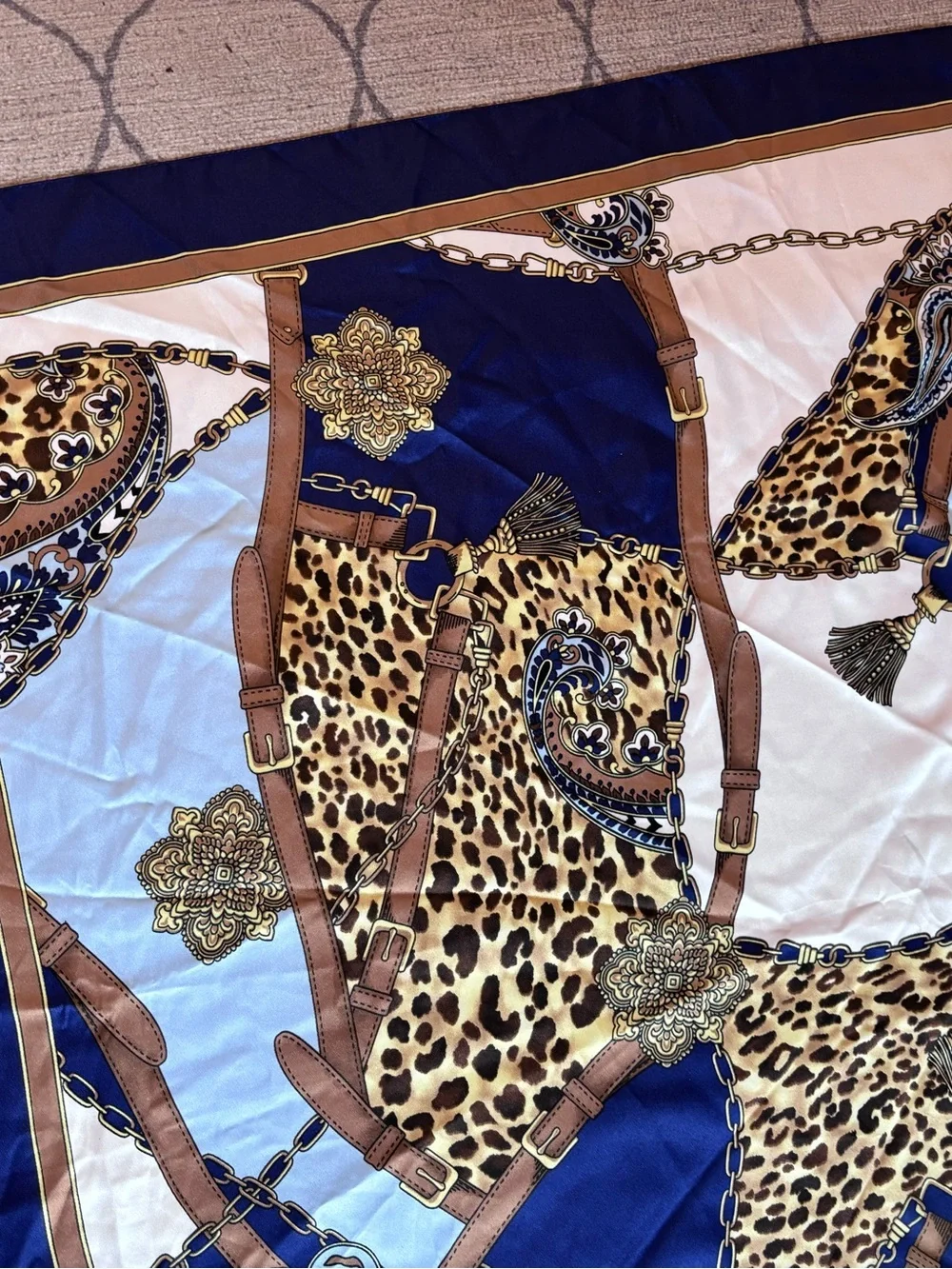 Vintage Italian Equestrian Leopard Paisley Square Scarf – Navy & Gold