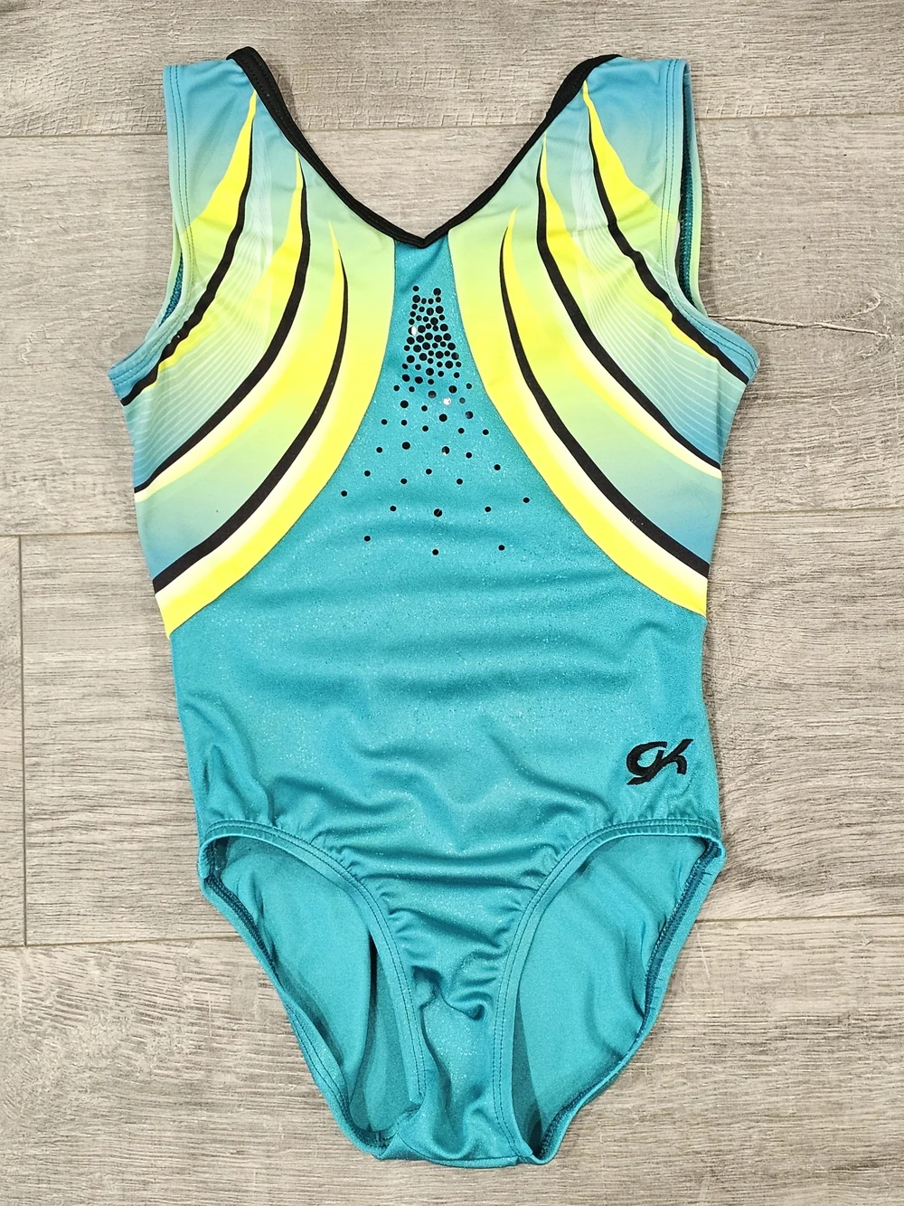 GK Elite Adult X-Small Blue Neon Gymnastics Leotard Rhinestone Competition Leo