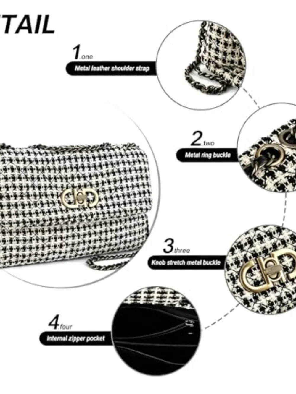 Tweed Quilted Crossbody Bag with Leather Chain, Evening Clutch for Weddings