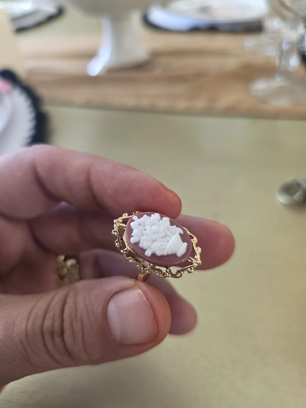 Gold-Tone Pink Cameo Ring with White Relief