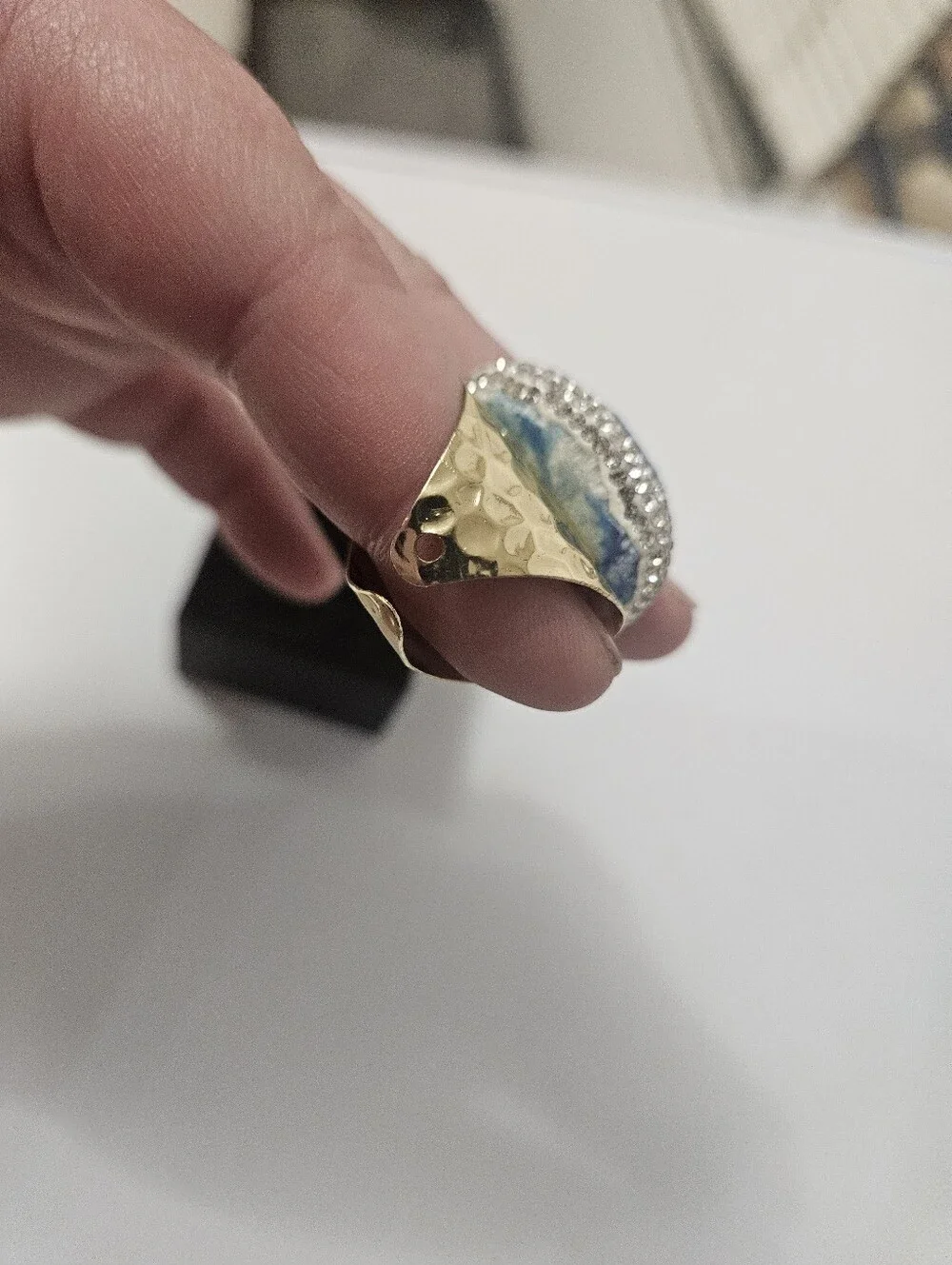 Blue Apatite Adjustable Druzy Gold Tone Cuff Ring Surrounded In CZ!