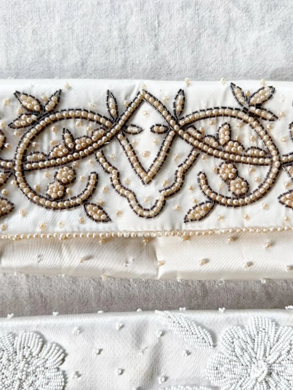 Three 1950's Vintage Ivory Satin and Beaded Pearl Clutch Purses