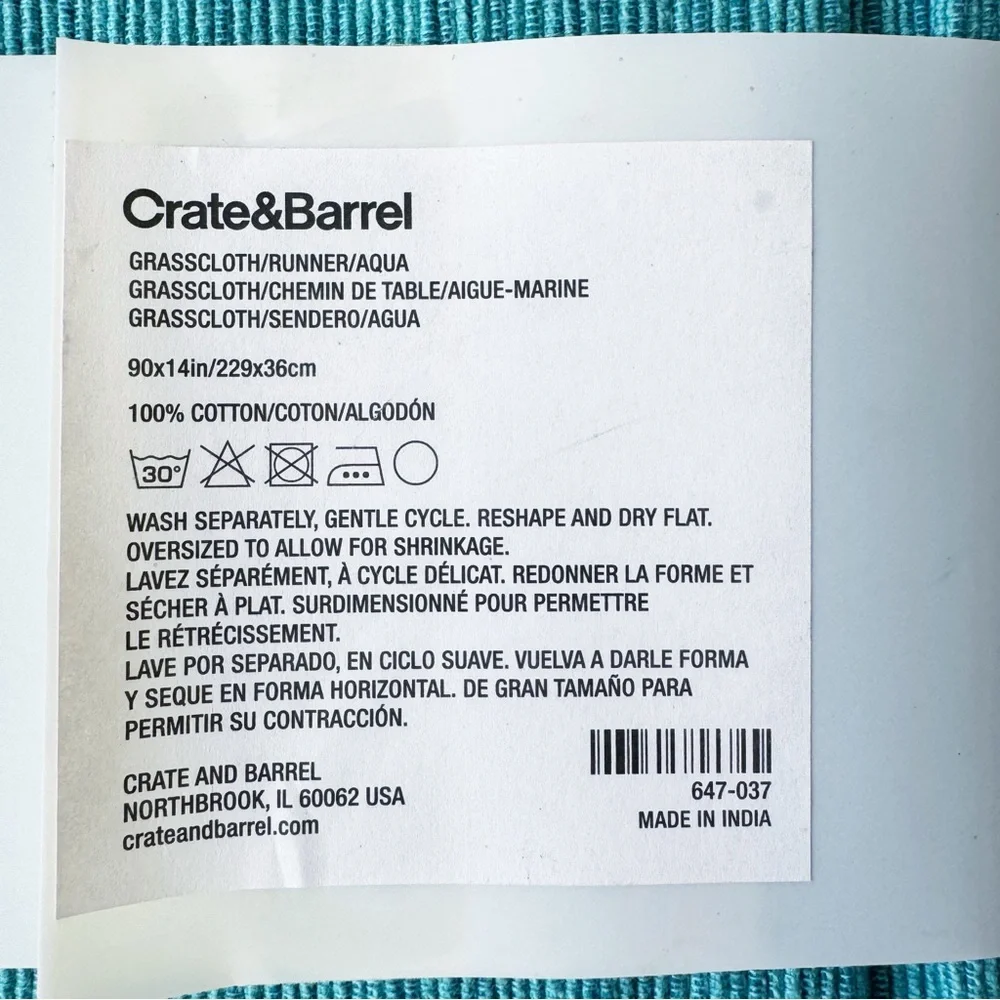 Crate and Barrel Aqua Grass Cloth Table Runner 90” | NWT